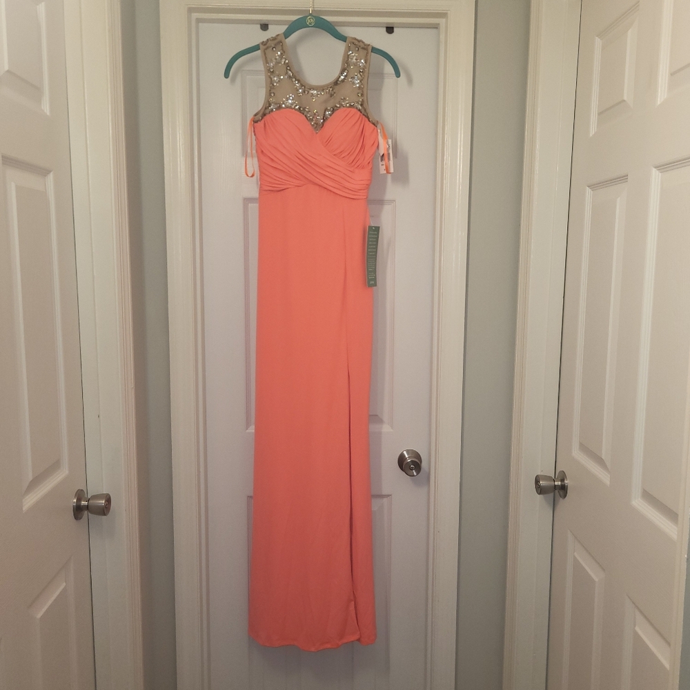 Neon Hot Coral Gown with Sequin Detail Size 3 Juniors Prom Or Bridesmaid Gown
